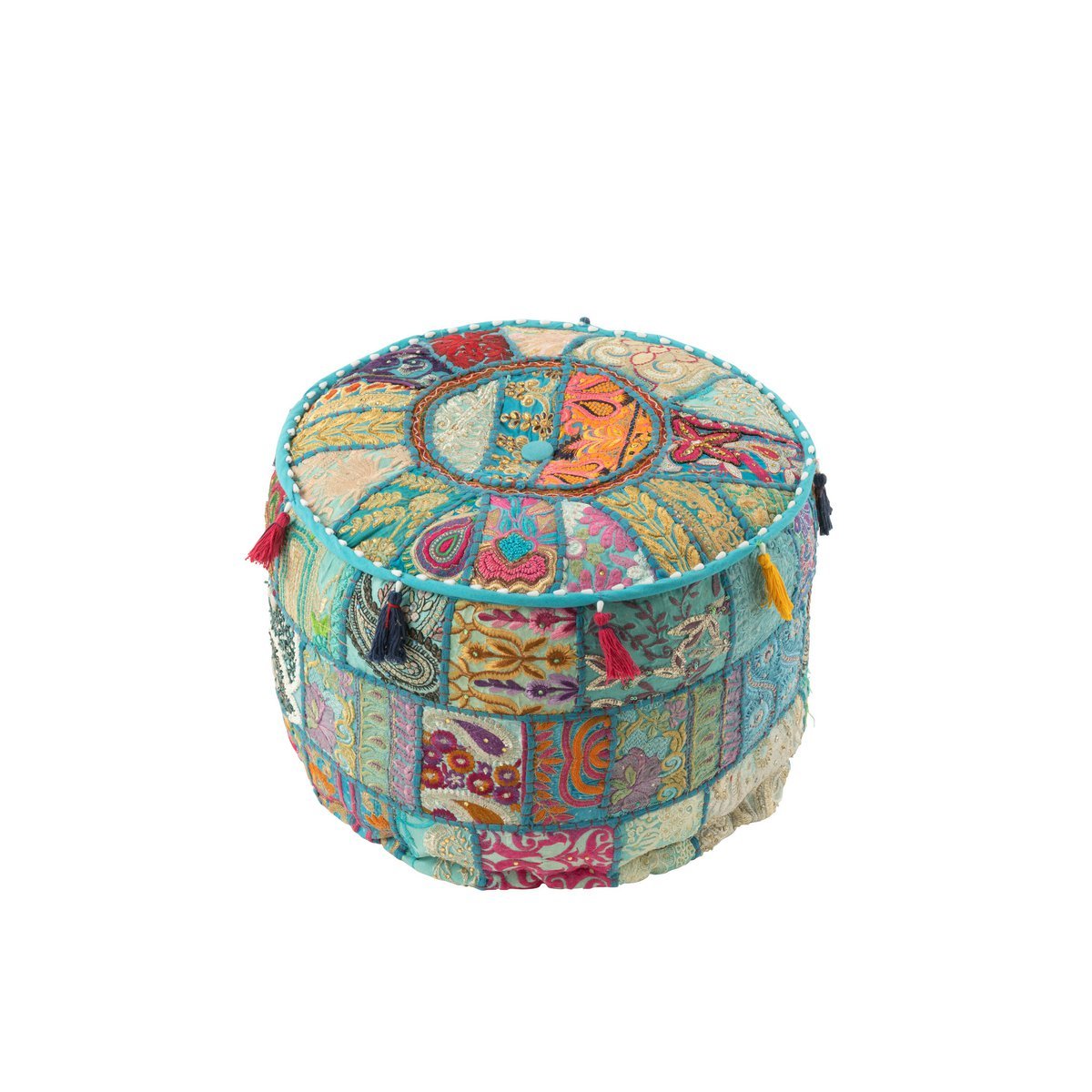 J-Line Poef Rond Patronen+Kwasten Katoen Blauw - Mexican Fiesta