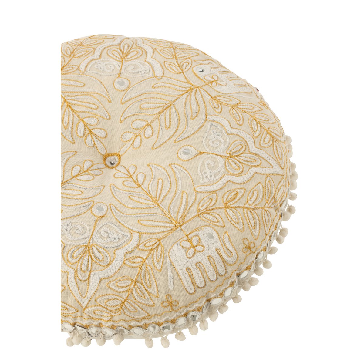 J-Line Poef Rond Plat Olifanten+Spiegels Katoen Creme/Goud Small - Dubai Desert