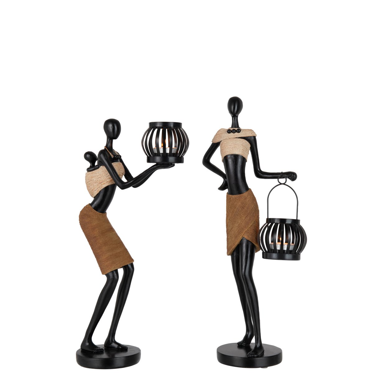J-Line Theelichthouder Op Hoofd Van Figuur Etnisch Poly Bruin Assortiment Van 2