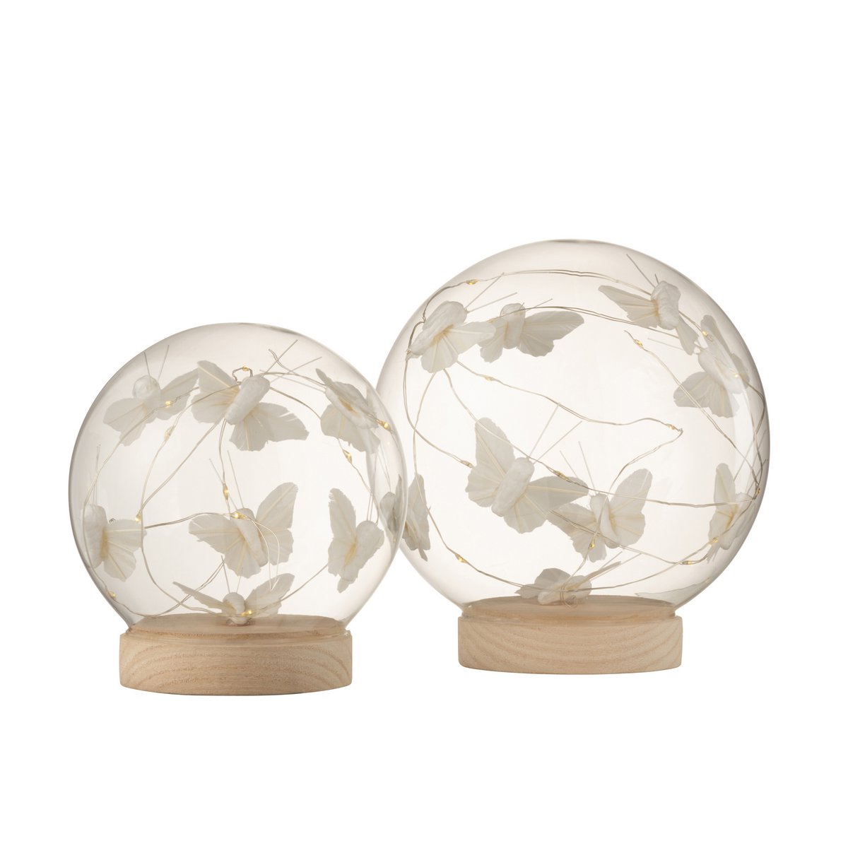 J-Line Stolp met vlinders - glas/ hout - naturel - L - LED lichtjes