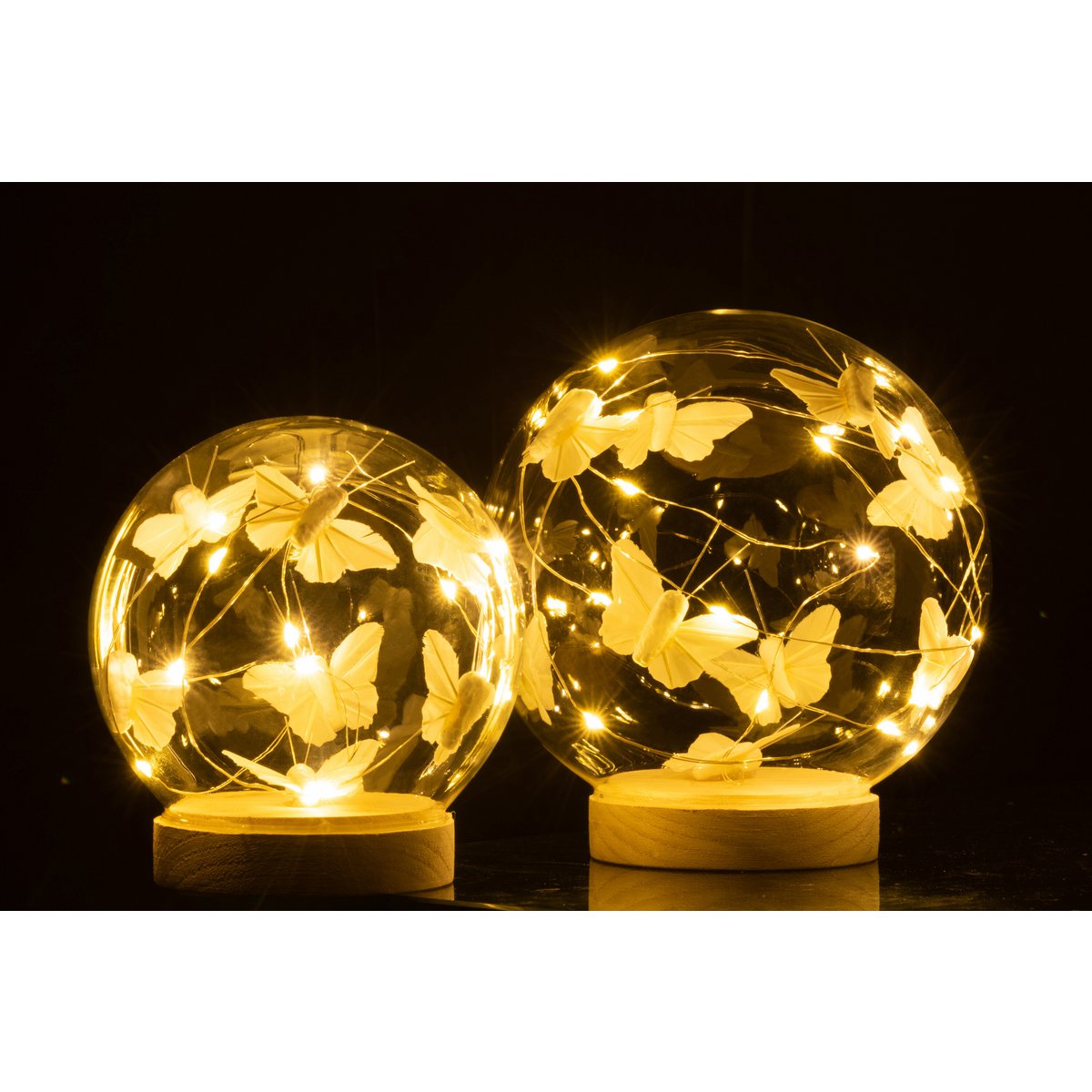 J-Line Stolp met vlinders - glas/ hout - naturel - L - LED lichtjes