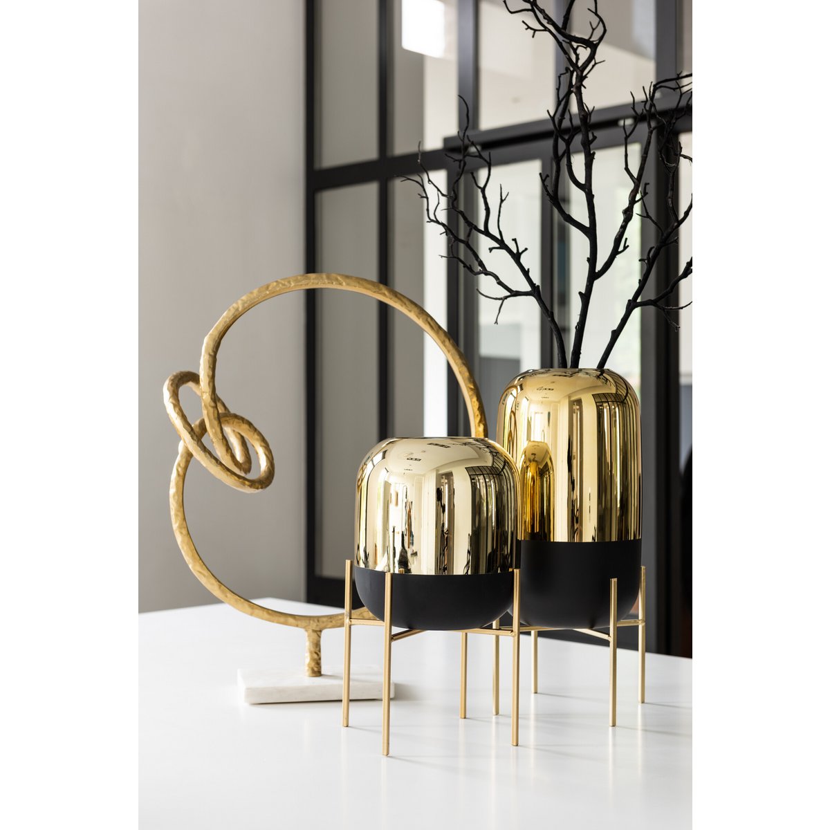 J-Line Windlicht Op Voet Glas Zwart/Goud Large