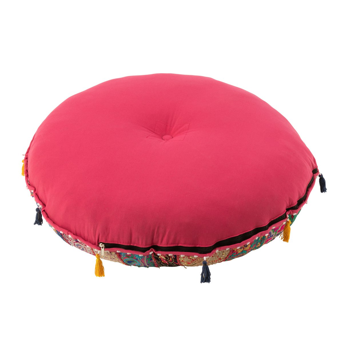 J-Line Poef Rond Plat Patronen+Kwasten Katoen Roze - Mexican Fiesta