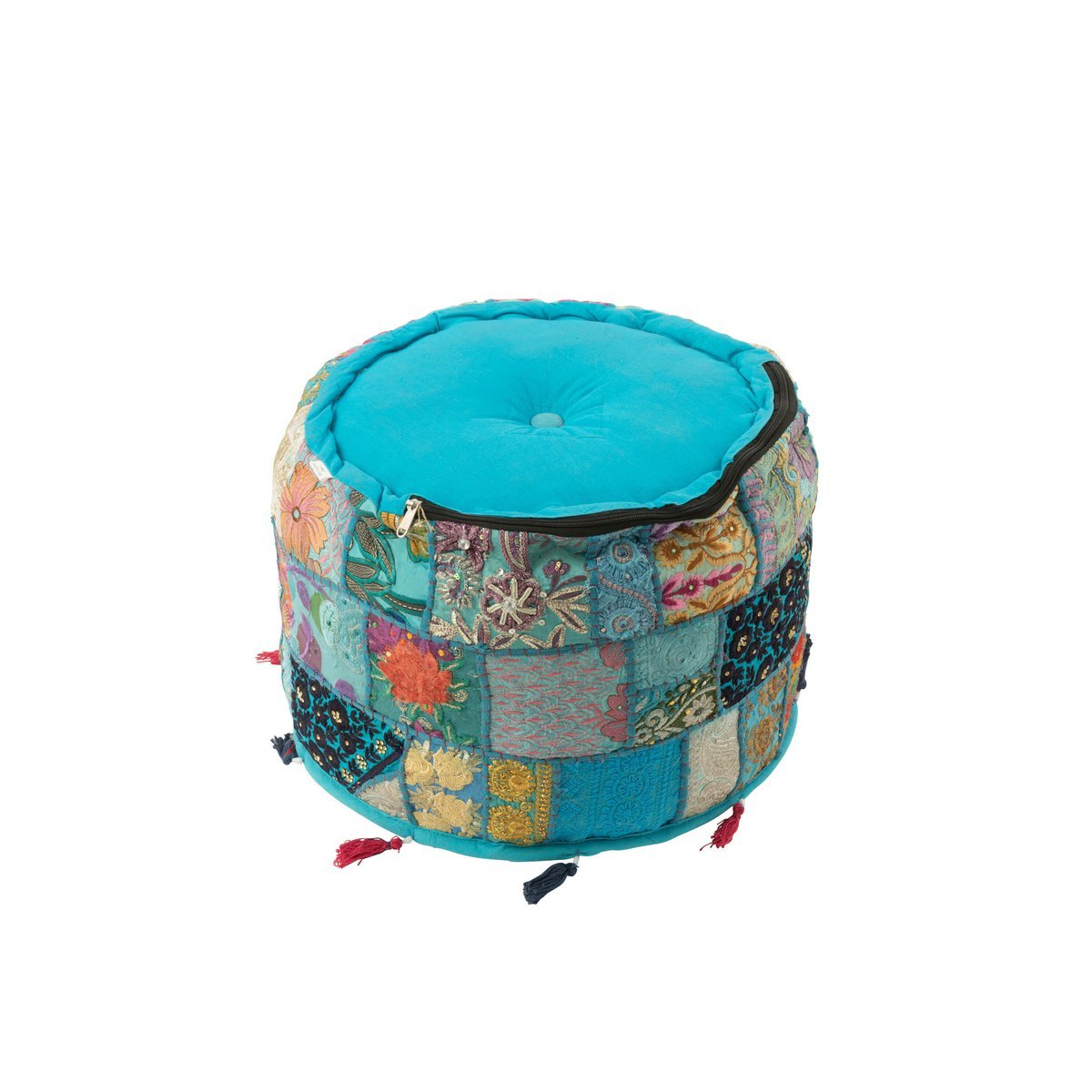 J-Line Poef Rond Patronen+Kwasten Katoen Blauw - Mexican Fiesta