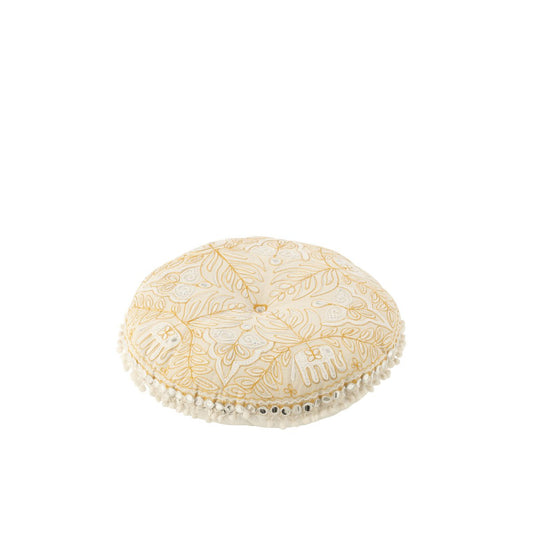 J-Line Poef Rond Plat Olifanten+Spiegels Katoen Creme/Goud Small - Dubai Desert