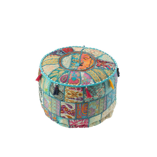 J-Line Poef Rond Patronen+Kwasten Katoen Blauw - Mexican Fiesta