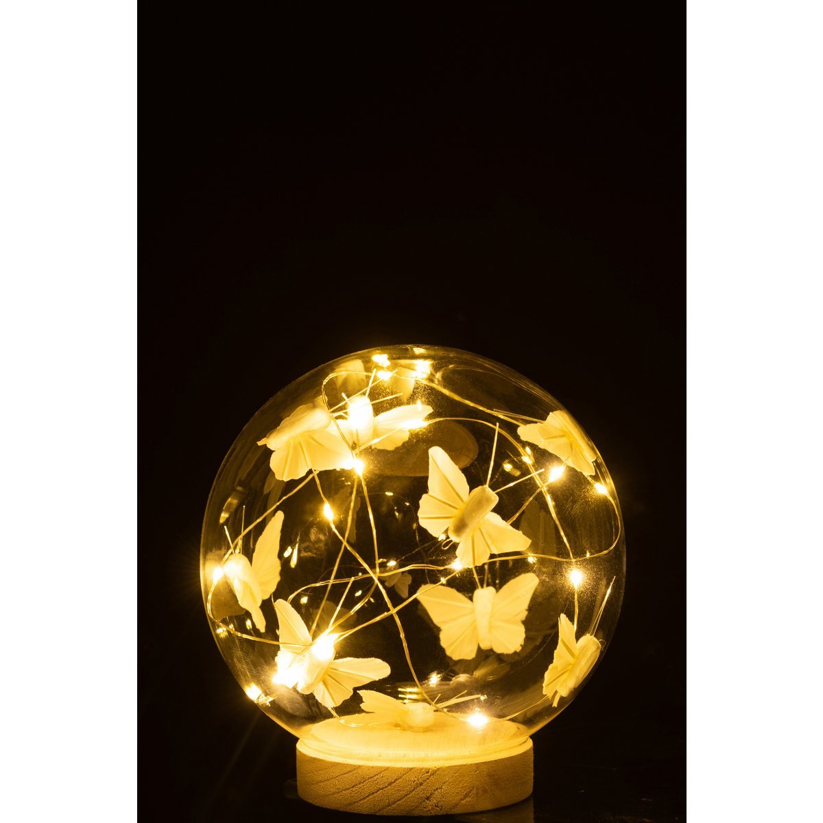 J-Line Stolp met vlinders - glas/ hout - naturel - L - LED lichtjes