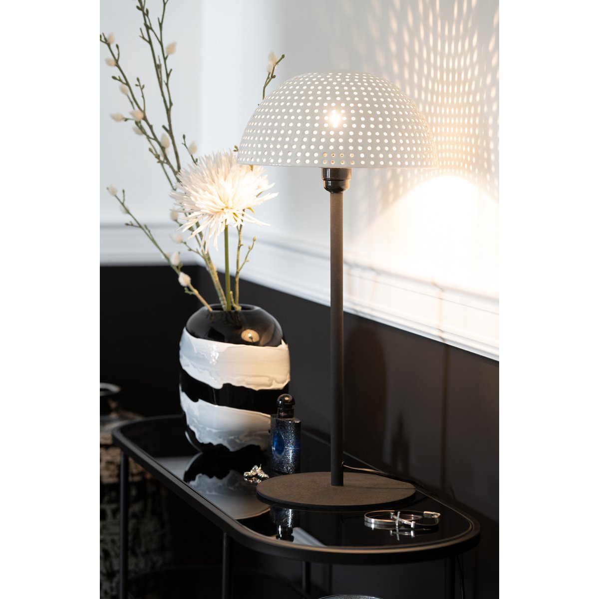 J-Line Tafellamp Paddenstoel Bolletjes Metaal Blinkend Wit/Zwart Large
