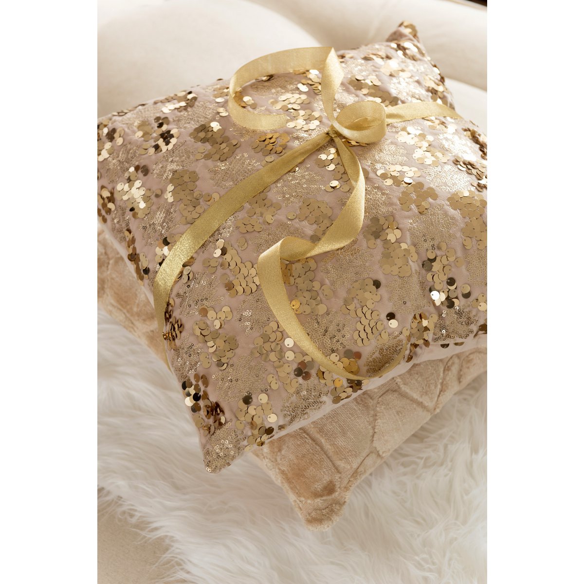 J-Line Kussen Paillet Fluweel Champagne/Beige