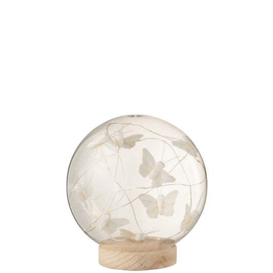 J-Line Stolp met vlinders - glas/ hout - naturel - L - LED lichtjes