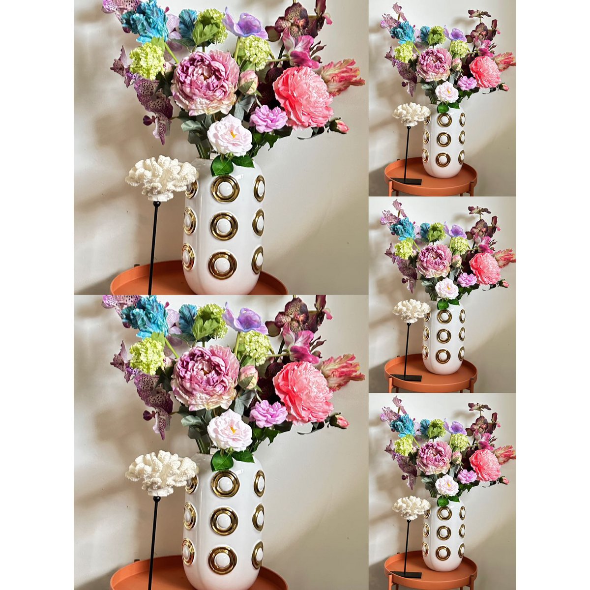 Vaas met bloemen en prachtige koraalornamenten. Combinatie. Afmeting: Inclusief vaas en bloemenH75*W58