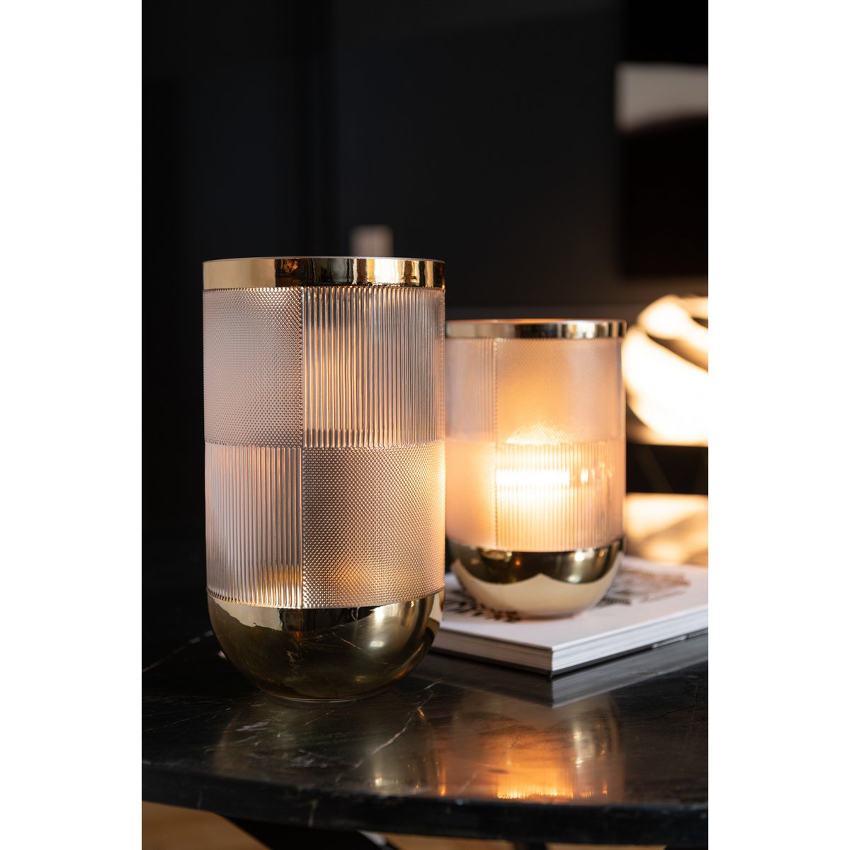 J-Line Vaas Cylinder Motief Glas Transparant/Goud Small - 21.5 cm hoog