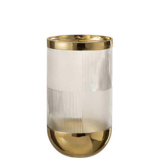 J-Line Vaas Cylinder Motief Glas Transparant/Goud Large - 26 cm hoog