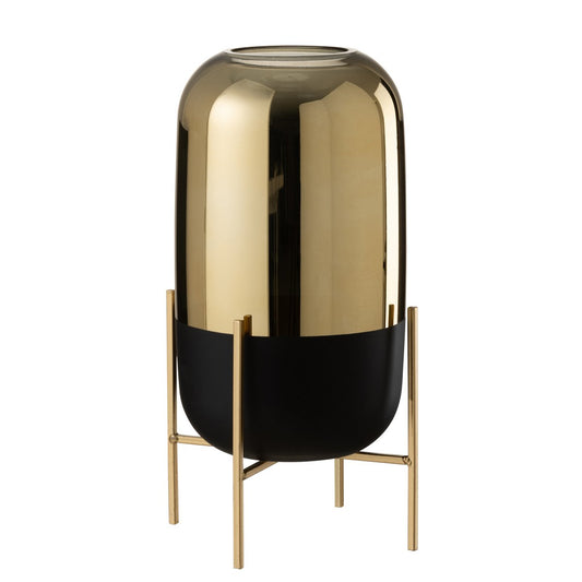 J-Line Windlicht Op Voet Glas Zwart/Goud Large
