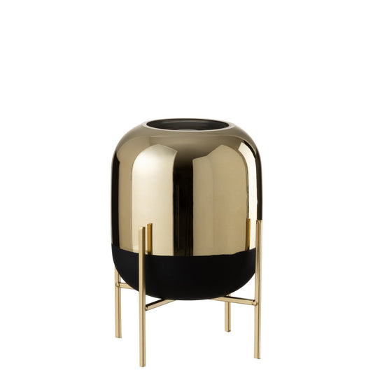 J-Line Windlicht Op Voet Glas Zwart/Goud Small