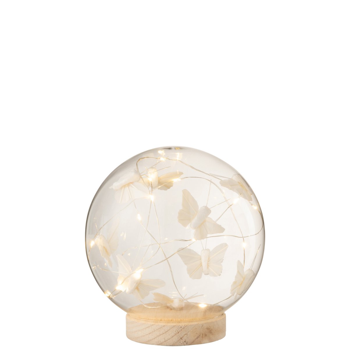 J-Line Stolp met vlinders - glas/ hout - naturel - L - LED lichtjes